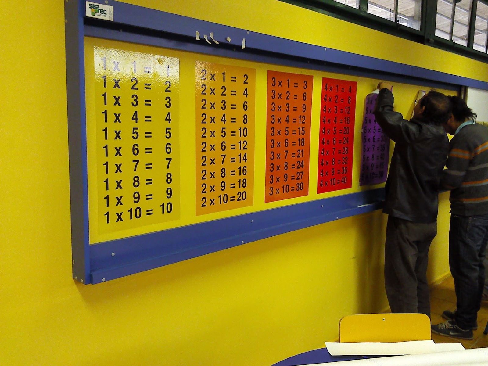 Panel mural con tablas de multiplicar durante su instalación
